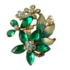 Large Green Flower Brooch Shawl Pin Vintage Rhinestones Pin On Jewellery