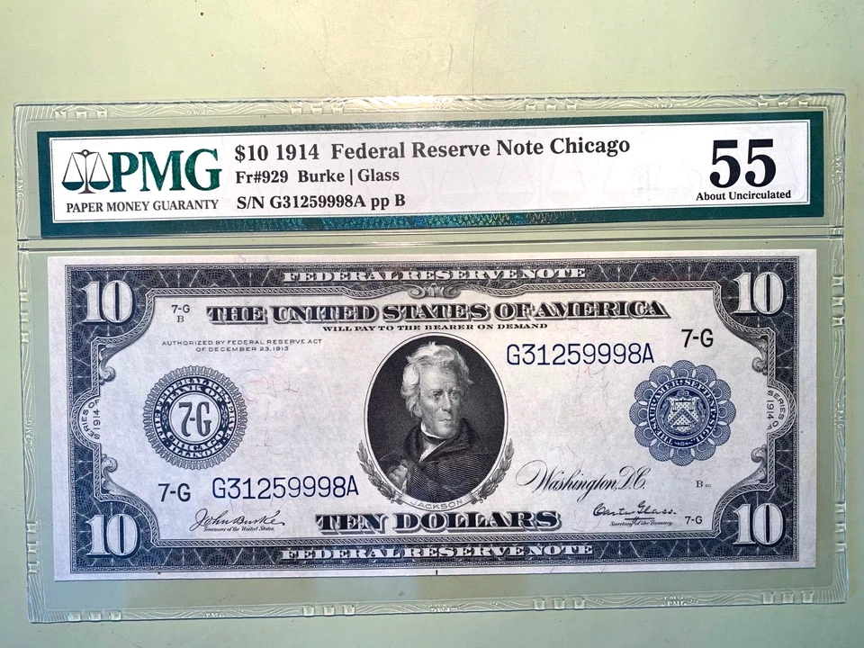 1914 $10 Dollars FRB Chicago - Burke/Glass - PMG 55 About Unc - Fr. 929 - Image 1 of 2