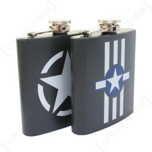 USAF Invasion Stripes or US Army Star - Polished Stainless Steel Hip Flask 6oz - Picture 1 of 6