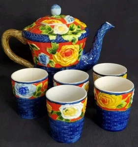 Antik Vintage Japan Majolika blau Korbgeflecht Rosen Teekanne Set mit 5 Tassen 1930er - Bild 1 von 24