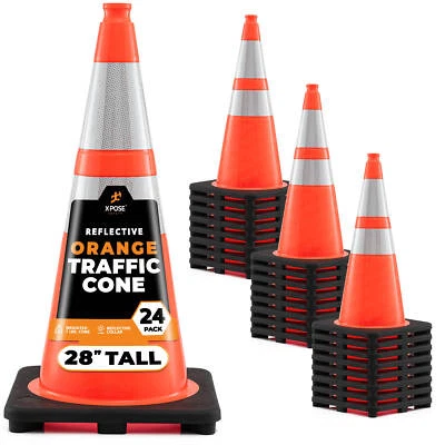 24 Pack Orange Traffic Cones 28 Inch with 6" & 4" Collar, PVC Plastic - Image 1 of 4