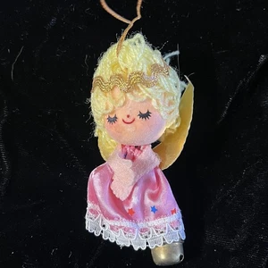 Vintage Pink Flocked Angel Christmas Ornament / Foil Wings / Jingle Bell - Picture 1 of 2