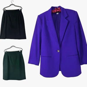 Vintage Savannah Women L Wool Mix Match Skirt Suit Jewel Tone Black Purple Green - Picture 1 of 22