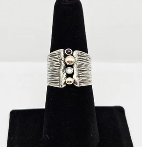 VTG Sterling Silver & 14k Yellow Gold Multi-colored Gemstone Brutalist Ring Sz 7 - Picture 1 of 5
