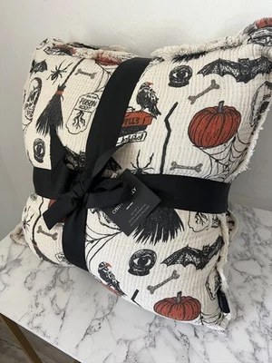Skull Spider Pumpkin Bat Broom Books Halloween 2 Pillows Set Cynthia Rowley New! - Image 1 of 4