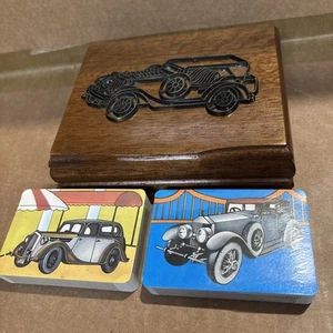 Two Vtg Sets Sealed Old Time Cars Playing Cards In Decorative Wood Case #MM - Picture 1 of 11