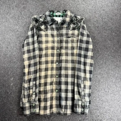 Camisa xadrez feminina Roar M preta cinza verde asas de aranha bordada flanela - Imagem 1 de 4