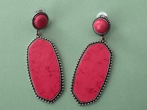 Silver Tone Pink Stone Post Dangle Earrings Cowgirl Boho - Picture 1 of 4