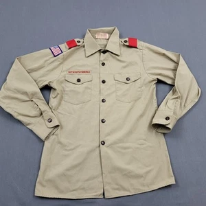 VINTAGE Boy Scouts Of America Shirt Youth Boys Large Short Sleeve Button Up Tan - Picture 1 of 11