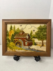 Vintage Crewel Finished Needle Work Yarn Picture Grist Mill/Stream/Trees/Birds - Picture 1 of 5