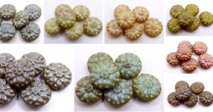 14MM CZECH PRESSED GLASS FLAT ROUND DISC COIN FLOWER SPACER BEADS - (6PCS)