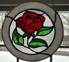 stained glass Handcrafted Rose with Milk Glass Round  Frame panel