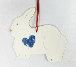 Art Pottery Ornament Bunny Rabbit 3" White Blue Heart Farmhouse Thin Delicate - Picture 1 of 5