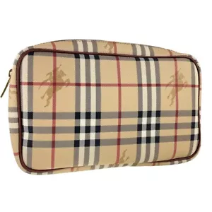 Burberry London Leather Nylon Nova Check Beige Pouch 2872 - Picture 1 of 18