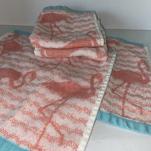 Casey Key Home Collection Flamingo Pink Aqua Washcloths Lot Of 4 - Picture 1 of 8