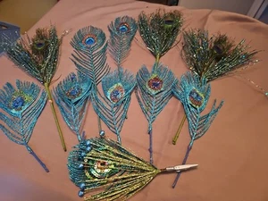 Christmas Tree Ornament Lot 16 Piece Peacock Feathers Turquoise Green Gold - Picture 1 of 6