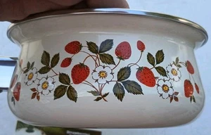 De colección 1982 Fresas N Crema Porcelana Sobre Acero Cacerola 1 Qt CAJA ÁSPERA - Imagen 1 de 20