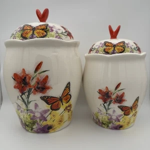 Set of 2 Vintage RED Butterfly Canisters Country Kitchen Canisters ceramic decor - Picture 1 of 8