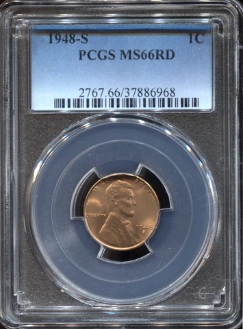 1948 S Lincoln Wheat Cent - PCGS MS 66 RD - San Francisco Mint - Lot # BC 0275 Cover
