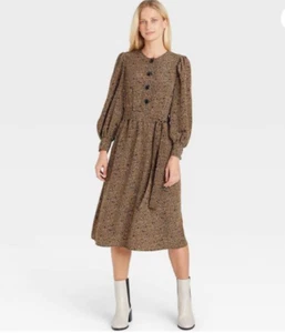 Women's Long Sleeve Bold Button Dress - Who What Wear Light Brown Leopa Size 4X - Picture 1 of 12