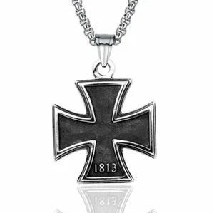 Mens Stainless Steel 1813 1939 WW2 German Iron Cross Pendant Necklace Men - Picture 1 of 5
