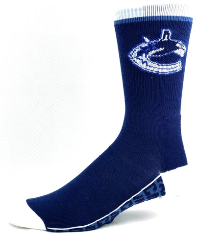 Vancouver Canucks Hockey Navy & White Repeat Name Bottom Deuce Crew Socks Cover