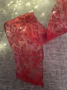 Gisela Graham Ribbon Red Glitter Poinsettia Print - 63mm X 3 Mtrs Wired. New - Picture 1 of 3