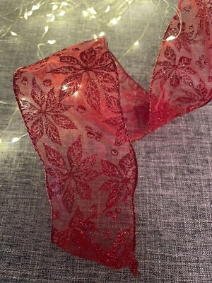 Gisela Graham  Ribbon  Red Glitter Poinsettia Print  - 63mm X 3 Mtrs Wired. New - Image 1 of 3