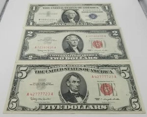3 Note Lot $1 (1957A Silver Cert) $2 (1963 Red Seal) $5 (1963 Red Seal) #795 - Picture 1 of 20