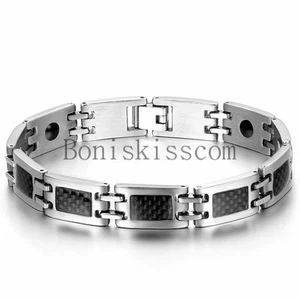 Black Carbon Fiber Silver Stainless Steel Link Power Therapy Magnetic Bracelet - Picture 1 of 4