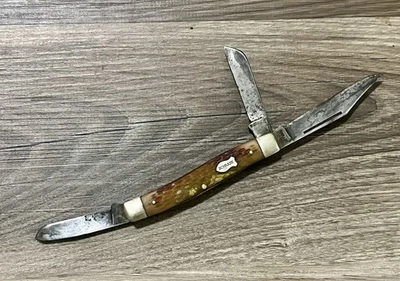 Vintage Schrade NY USA 881 Folding Pocket Knife 3 Blades Stockman Jigged Handle - Image 1 of 4