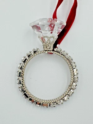 DIAMOND RING ORNAMENT SILVER TONE RHINESTONE CRYSTAL WEDDING BRIDAL ACCENT - Image 1 of 3