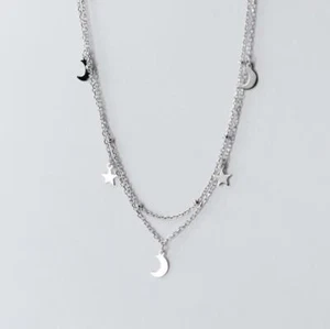 Collar de cadena de 2 capas con dije de luna estrella de plata de ley 925 A2787 - Imagen 1 de 6