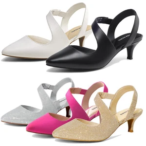 Women Pumps Pointed Toe Low Kitten Heels Strappy Party Dance Wedding Dress Shoes - Picture 1 of 18