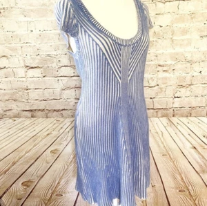 Free People Womens Ribbed Sweater Dress Short Sleeve Size L Blue Beige - Picture 1 of 5