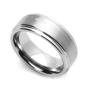 8MM Comfort Fit Tungsten Carbide Wedding Band Cross Engraved Flat Ring - Picture 1 of 3