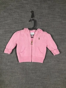 Ralph Lauren Jacket Baby Girls 3M Months Pink Knit Full Zip Hooded Pony Logo - Picture 1 of 8