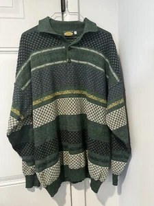 Vintage Men’s 21st Century Green Fair Isle Knit Cotton Long Sleeve Shirt 2XL XXL - Picture 1 of 16