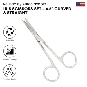 Juego de tijeras Iris instrumentos quirúrgicos curvos y rectos de acero inoxidable de 4,5" - Imagen 1 de 2
