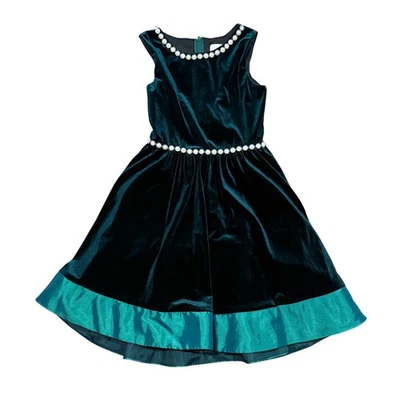Rare Editions Girls Velvet Dress Teal Jeweled Party Holiday Size 12 - Image 1 of 4