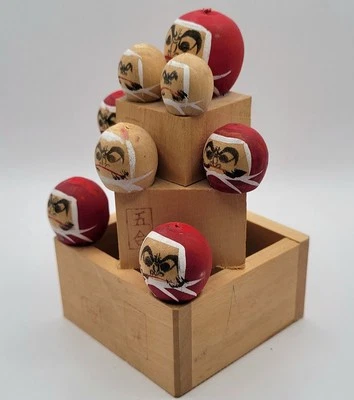 Vtg Kokeshi 8 Daruma Wood Dolls on Sake Cup Fuku Masu Lucky Fortune Firgurine - Image 1 of 4