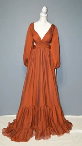 Mac Duggal Sz 6 Dark Orange  Pleated Cut Out Long Sleeve Lace Up Tiered Gown - Picture 1 of 8