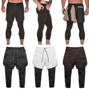 Mans 2 in 1 Compression Gym Workout Training Liner Phone Pockets Shorts Pants ` - Picture 1 of 26