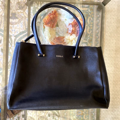 FURLA Satchel Tote Bag Black Saffiano Leather Italy Carryall Y2K Vintage Pre-Own - Image 1 of 4