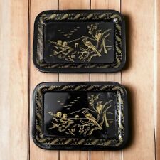 VTG Set of 2 Asian Birds Tin Toleware Style/Look Snack Trays Mid Century 5x7"