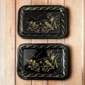 VTG Set of 2 Asian Birds Tin Toleware Style/Look Snack Trays Mid Century 5x7" - Picture 1 of 5