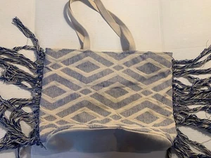 Vintage Boho beige & blau Beuteltasche Tasche Fransen an den Seiten Doppelhenkel Made in India - Bild 1 von 12