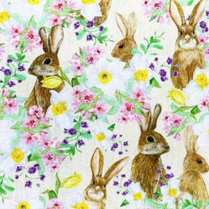 Cotton Fabric - Spring Flowers & Hare on Yellow Print - Craft Fabric Material - Picture 1 of 5