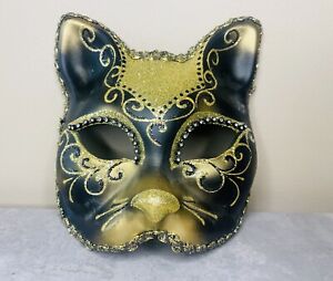 Cute Vintage Venezia Italy Handpainted Cat Mask Decor Gold And Black Sparkles