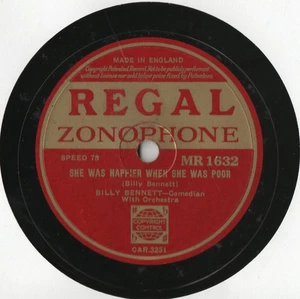 BILLY BENNETT VARIETY 78 - SHE WAS HAPPIER WHEN SHE WAS POOR - EX CONDITION - Picture 1 of 3